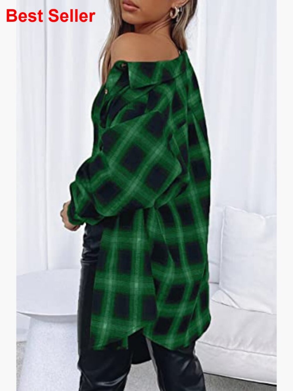 Oversized Button Down Flannel Shacket Long Sleeve Plaid Blouse Business Casual - Picture 3 of 7